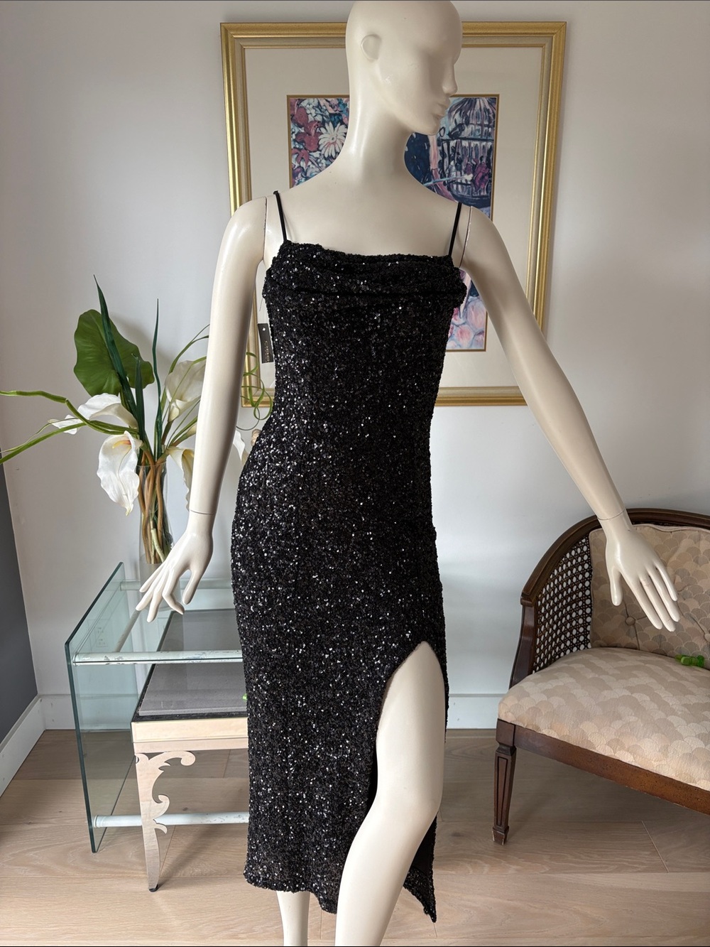 Black Sequin Cowl-Neck Midi Slip Dress with Side Slit